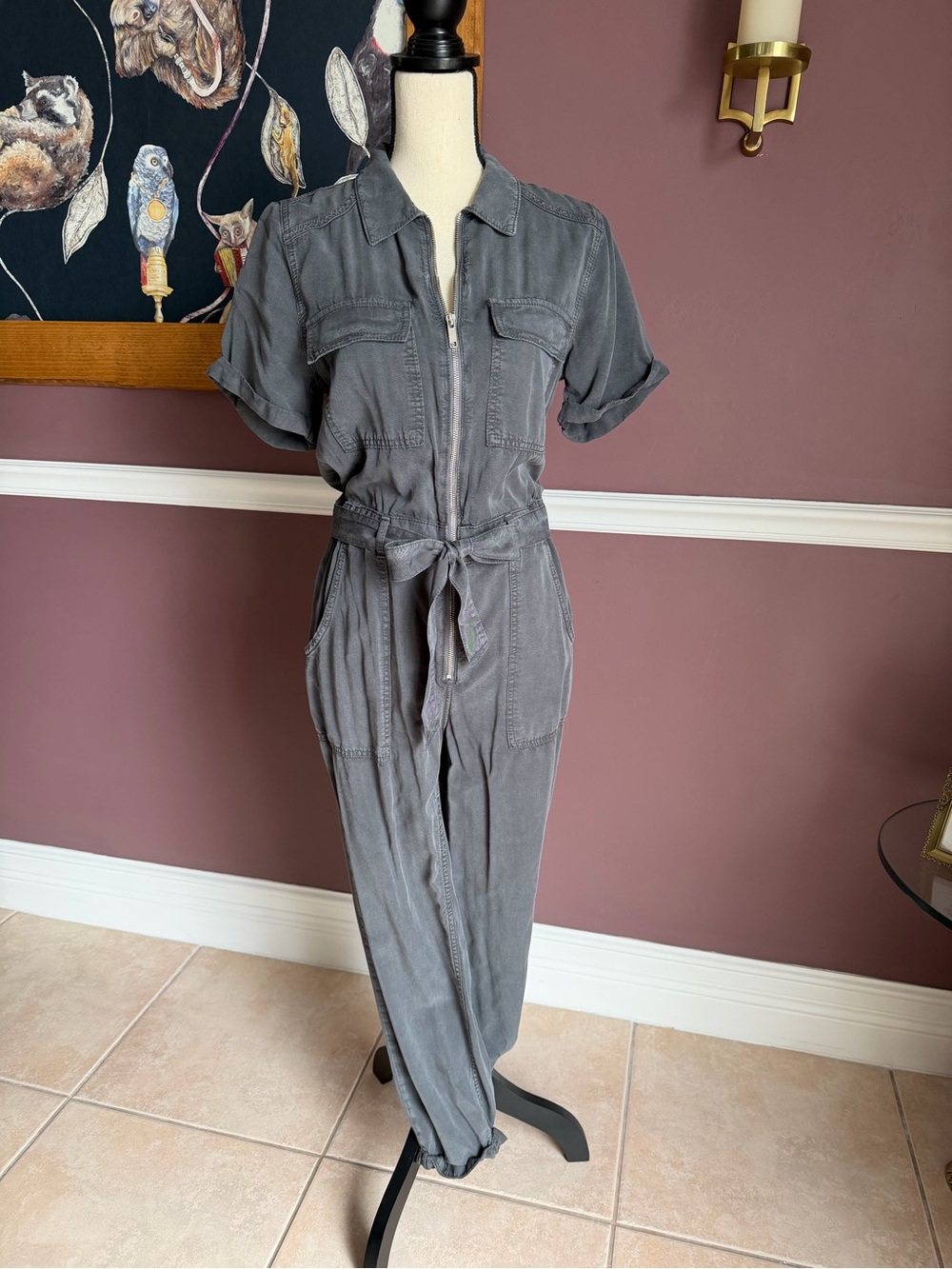 BDG Gray Utility Jumpsuit with Tie Waist